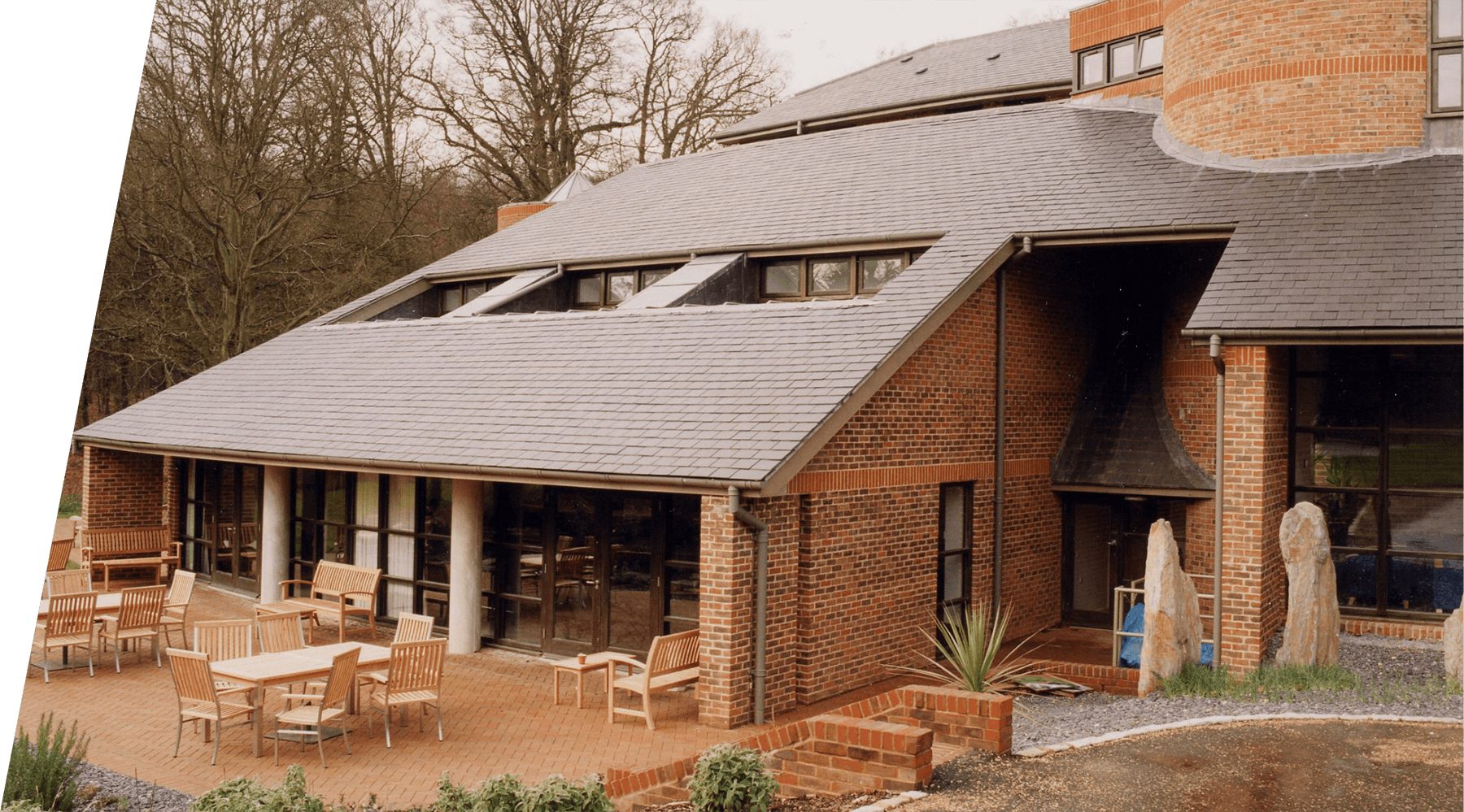 modern brick building with slate roof