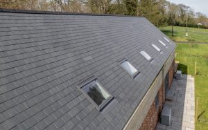 Grey slate roof with several modern skylights on a barn-like structure.