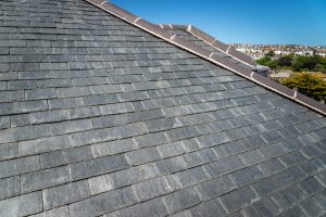 An expansive view of a large slate roof with multiple ridges and hips. The grey tiles create a rhythmic pattern across the structure, with a coastal town and green trees visible in the far background.